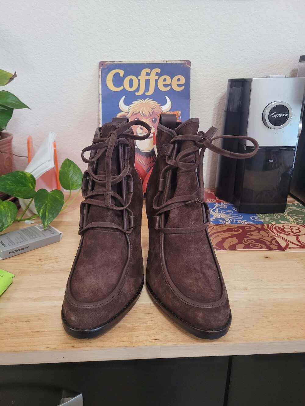 New Lauren Ralph Lauren Mable Suede Lace Up High Heel Ankle Boots Brown 6.5 - Picture 3 of 6